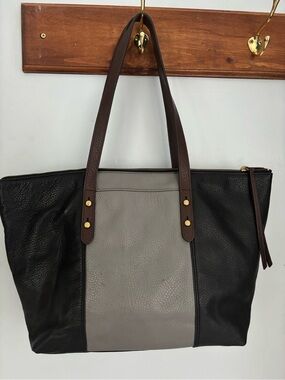 Fossil Black & Gray Leather Colorblock Tote with Brown Straps